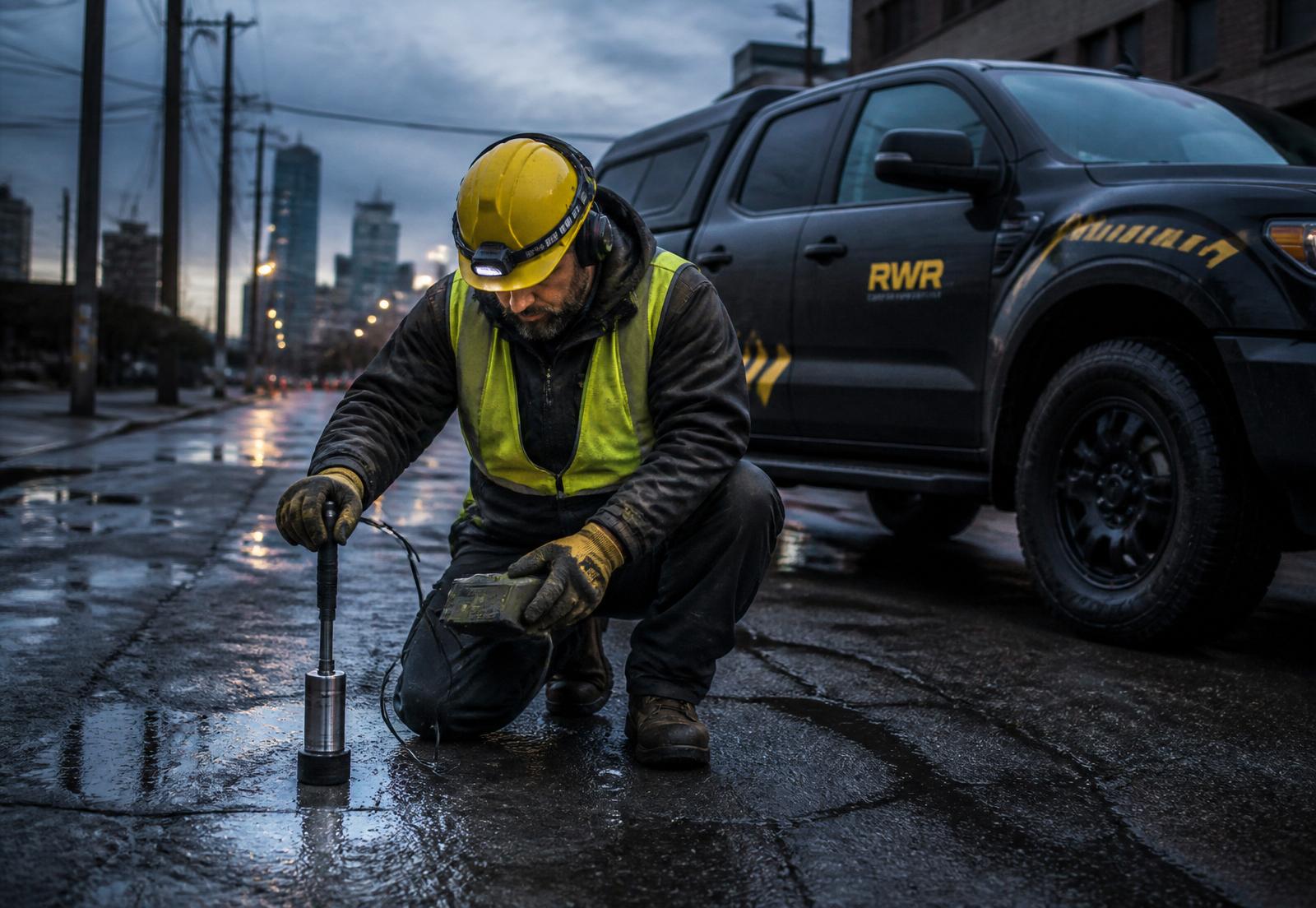 RWR field technician validating a leak candidate next to a service truck on a wet urban street at dusk