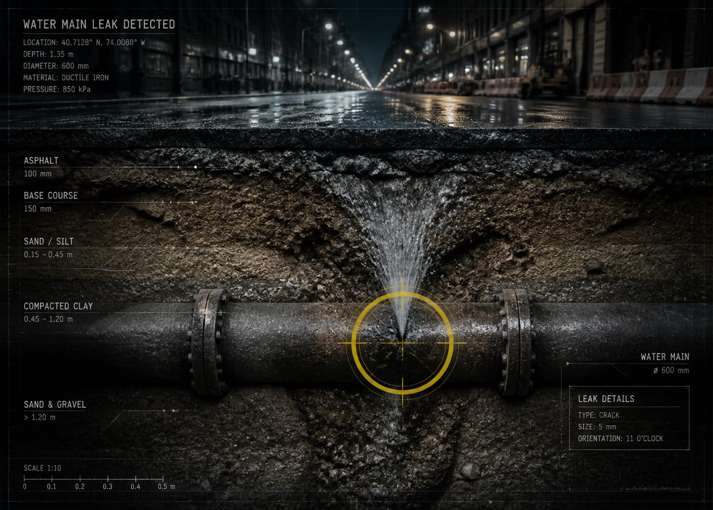 Baseline: an underground leak exposed in an excavated trench